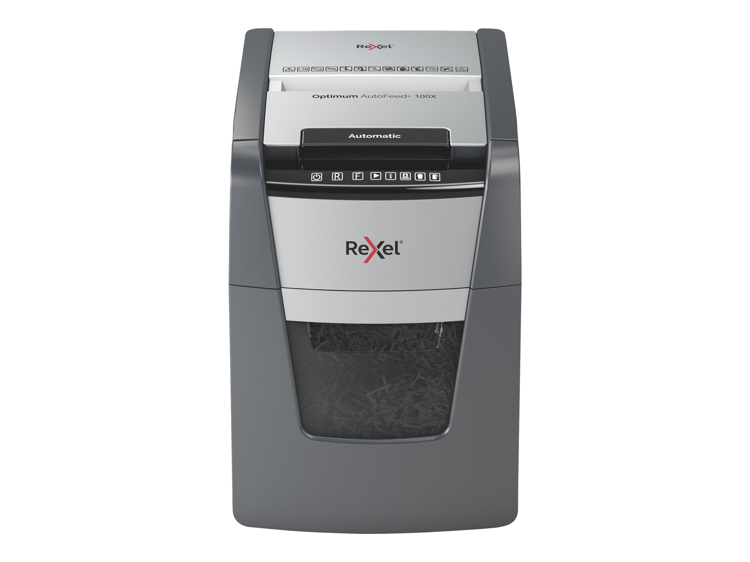 Rexel Optimum AutoFeed+100X Aktenvernichter mit Partikelschnitt P-4, 4 x 28 mm, bis 100 Blatt, schwarz
