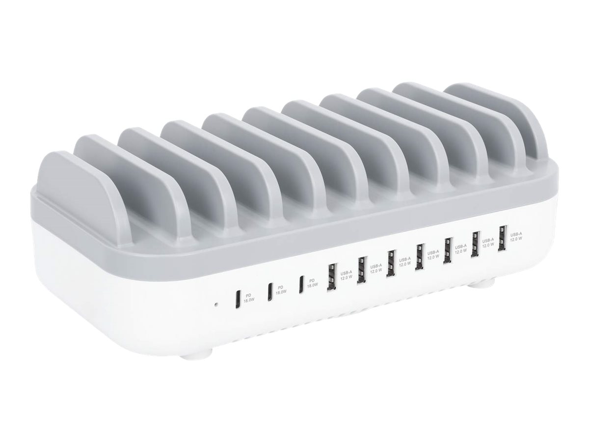 MANHATTAN 10-Port USB-Ladestation 120W 3x USB-C PD-Ports bis zu 18 W/Port 7x USB-A-Ports bis 12 W 2,4 A/Port 120 W Gesamt weiss/grau