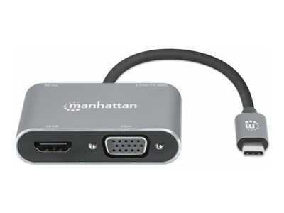 MANHATTAN USB-C 4-in-1 Konverter mit Power Delivery USB 3.2 Typ-C-Stecker auf HDMI 4K30Hz VGA 1080p60Hz USB-A 5Gbit/s USB-C PD 87W