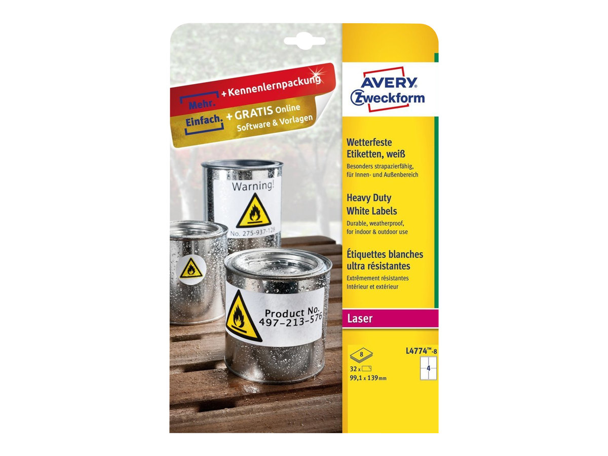 32 AVERY Zweckform wetterfeste Folienetiketten L4774-8 weiss 99,1 x 139,0 mm 32 AVERY Zweckform wetterfeste Folienetiketten L4774-8 weiss 99,1 x 139,0 mm