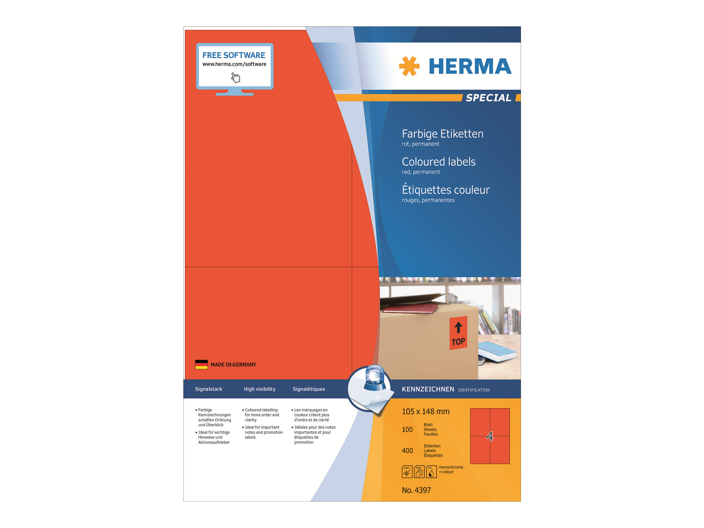 HERMA Etiketten 4397 rot 105,0 x 148,0 mm, 100 Blatt