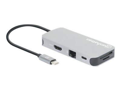 MANHATTAN USB-C 8-in-1-Dockingstation mit Power Delivery 100 W Typ C-Stecker auf HDMI 4K30Hz 3x USB-A 5 Gbit/s RJ45 Kartenleser Alu