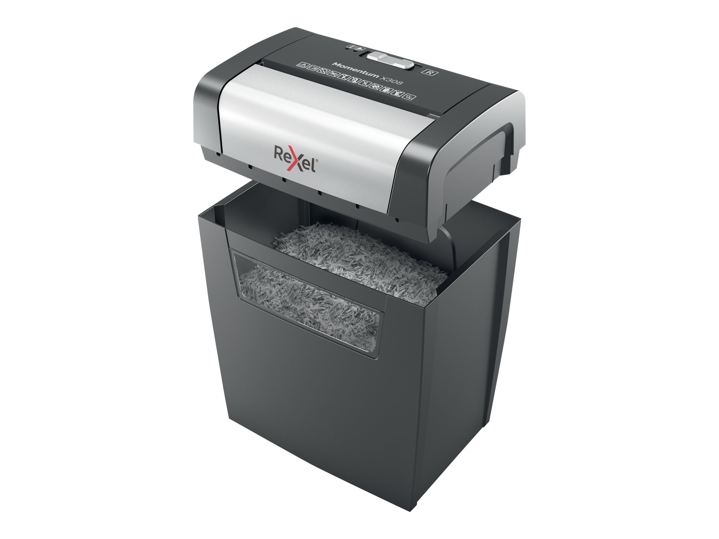 Rexel Momentum X308 Aktenvernichter mit Partikelschnitt P-3, 5 x 42 mm, bis 8 Blatt, schwarz Rexel Momentum X308 Aktenvernichter mit Partikelschnitt P-3, 5 x 42 mm, bis 8 Blatt, schwarz