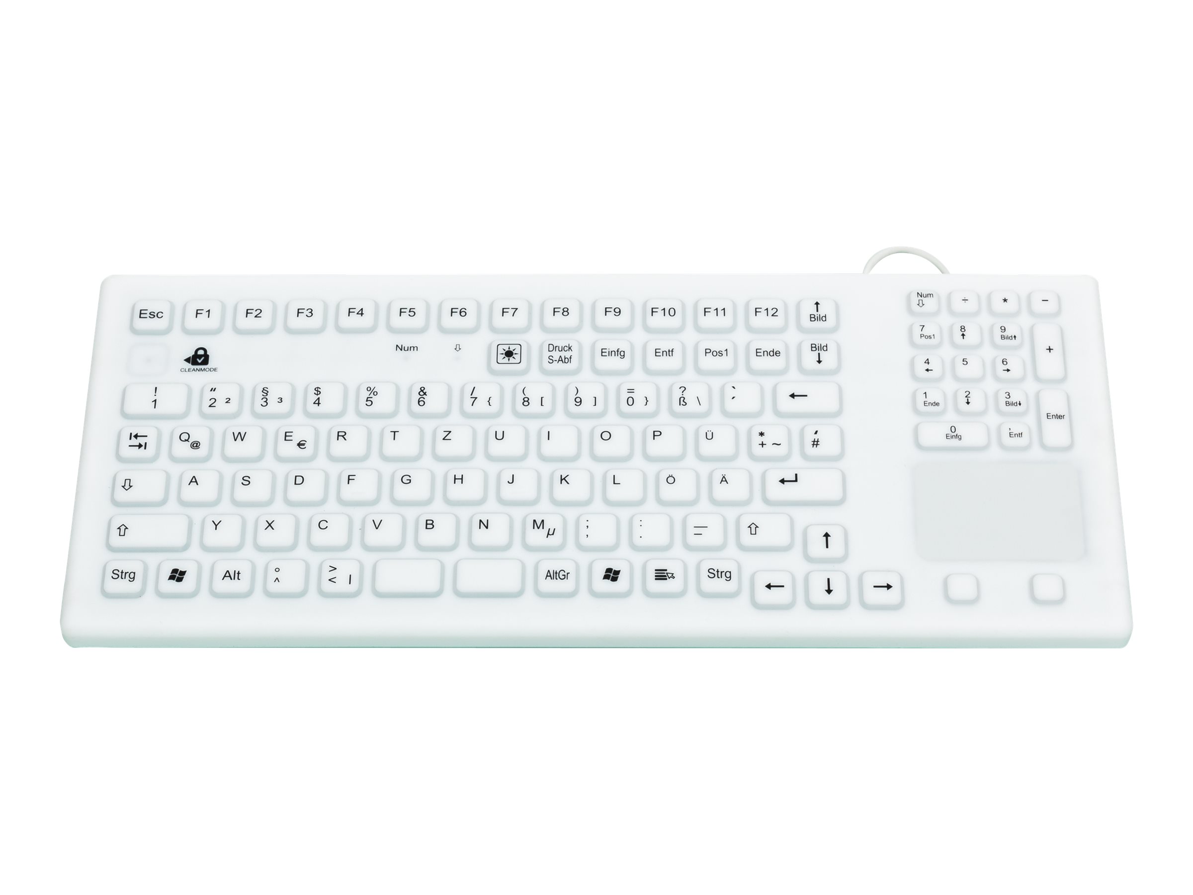 GETT InduProof Smart Touch Silikontastatur m. Touchpad und NUM-block IP68 Reinigungsfkt. 107 Tasten USB Farbe: weiss Layout: DE GETT InduProof Smart Touch Silikontastatur m. Touchpad und NUM-block IP68 Reinigungsfkt. 107 Tasten USB Farbe: weiss Layout: DE