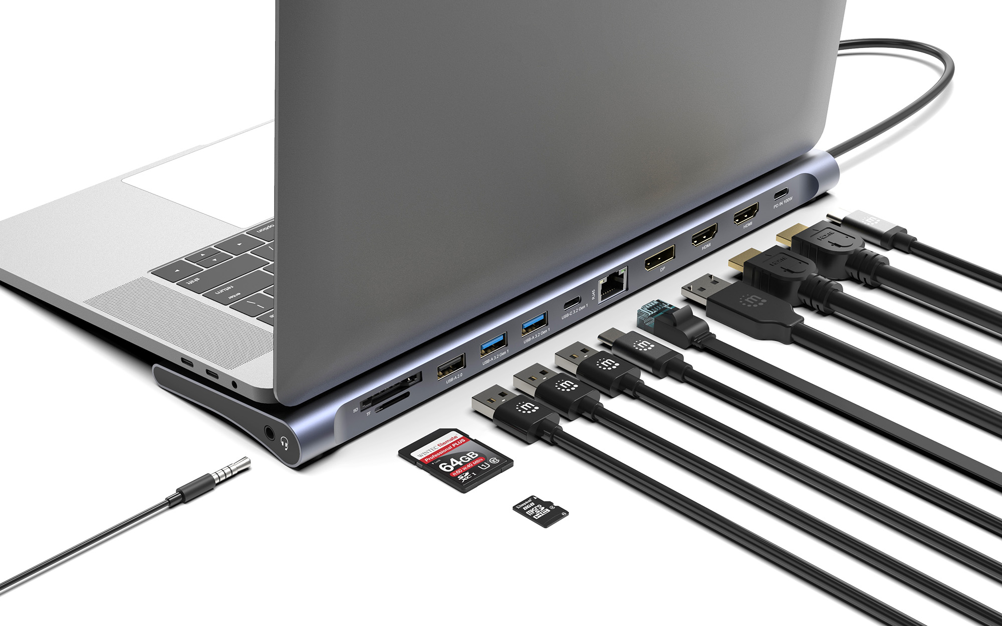 MANHATTAN USBC PD Dockingstation 2xHDMI 1xDisplayPort bis 4K 3xUSBA 1xUSBC bis 5 Gbits USBC PD 100W RJ45 SDMicroSD 3,5mm Audio