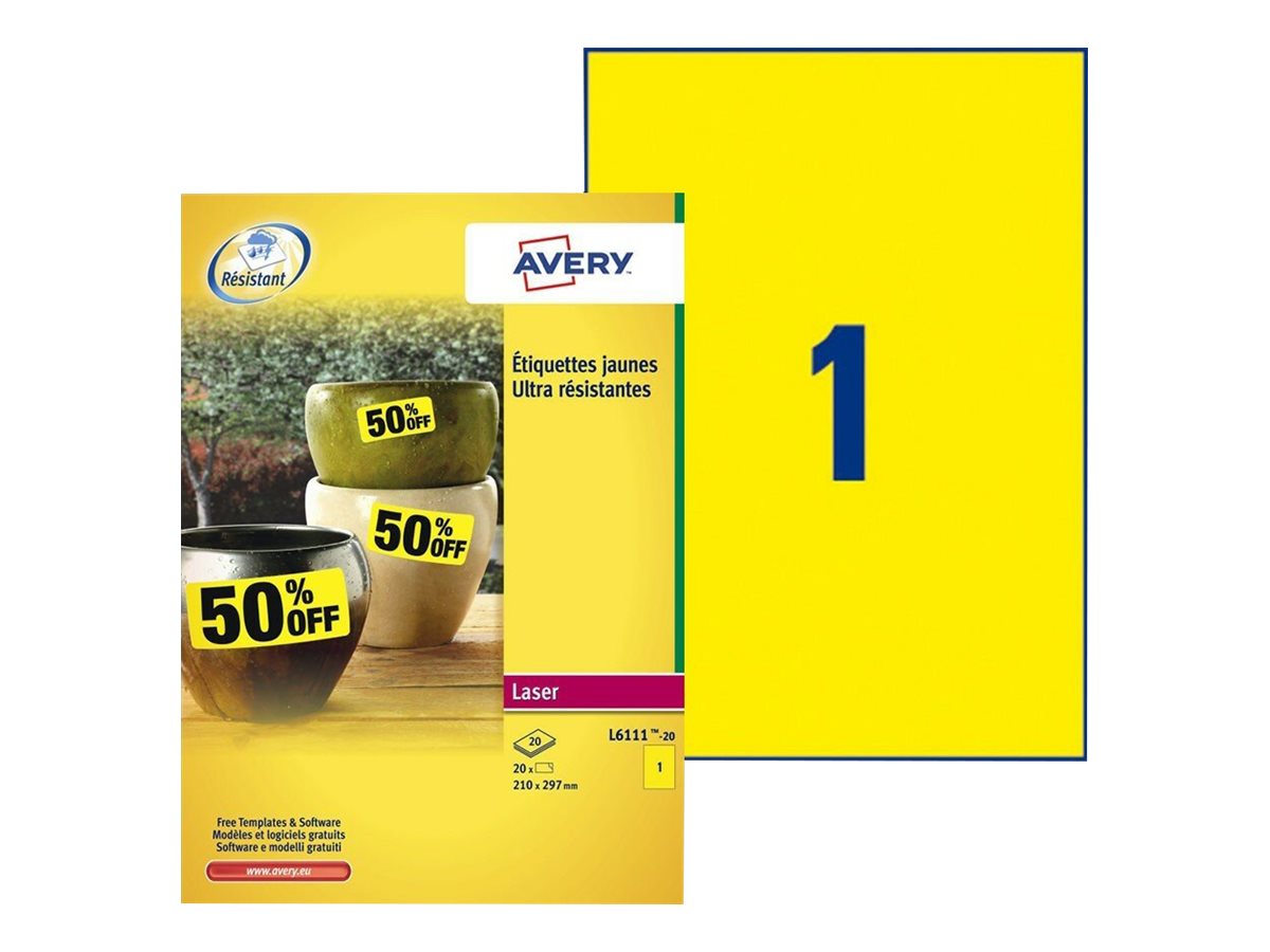 20 AVERY Zweckform wetterfeste Folienetiketten L6111-20 gelb 210,0 x 297,0 mm 20 AVERY Zweckform wetterfeste Folienetiketten L6111-20 gelb 210,0 x 297,0 mm
