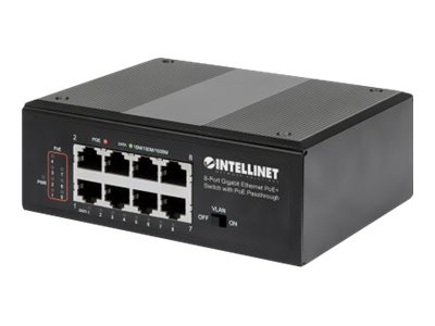 INTELLINET 8-Port PoE+ Gb Switch PoE-Passthrough 1xPD PoE 95W Eingangsstrom 7x PSE PoE Strombudget bis 120W DIN-Hutschienenmontage INTELLINET 8-Port PoE+ Gb Switch PoE-Passthrough 1xPD PoE 95W Eingangsstrom 7x PSE PoE Strombudget bis 120W DIN-Hutschienenmontage