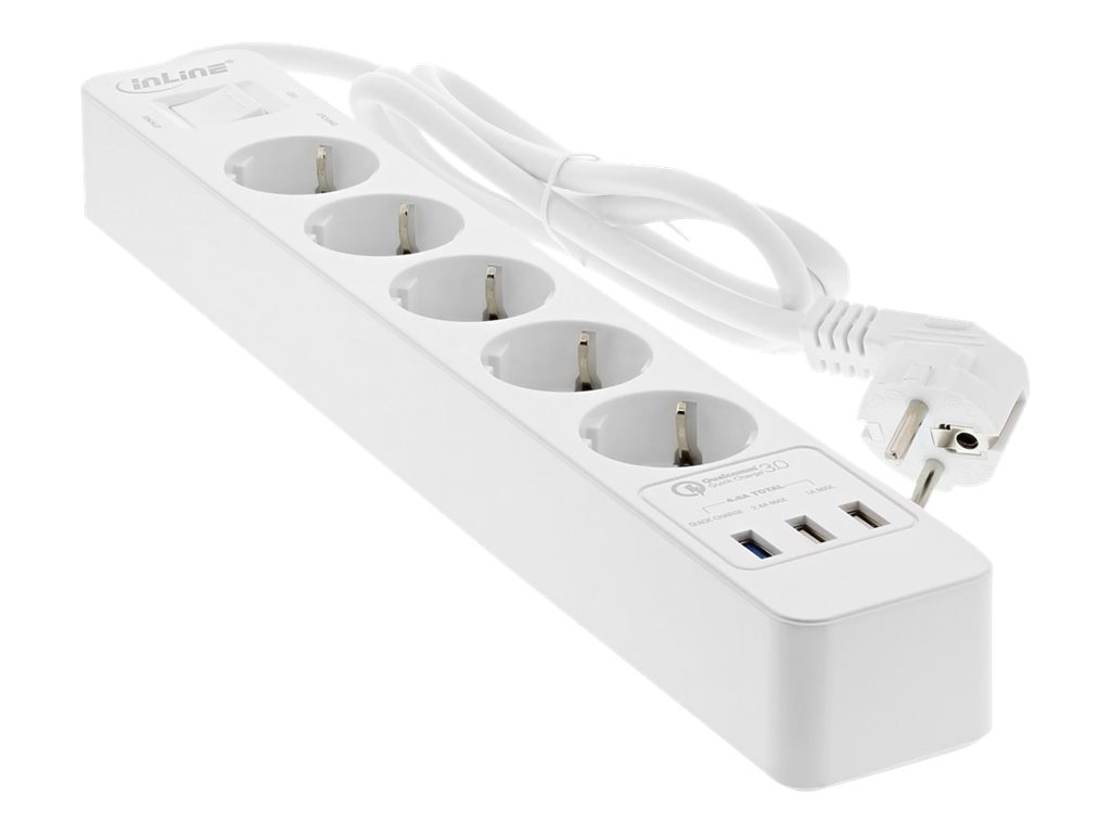 INLINE Steckdosenleiste 5-fach Schutzkontakt mit Ueberspannungsschutz und USB QuickCharge Schalter 1,5m weiss INLINE Steckdosenleiste 5-fach Schutzkontakt mit Ueberspannungsschutz und USB QuickCharge Schalter 1,5m weiss