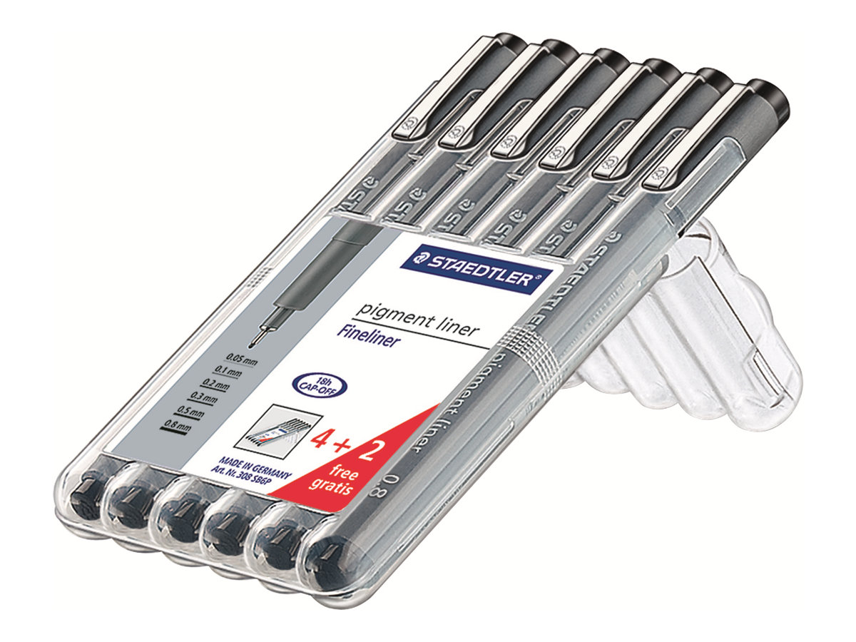 STAEDTLER pigment liner 308 Fineliner schwarz 0,05 0,1 0,3 0,5 0,8 mm, 6 St