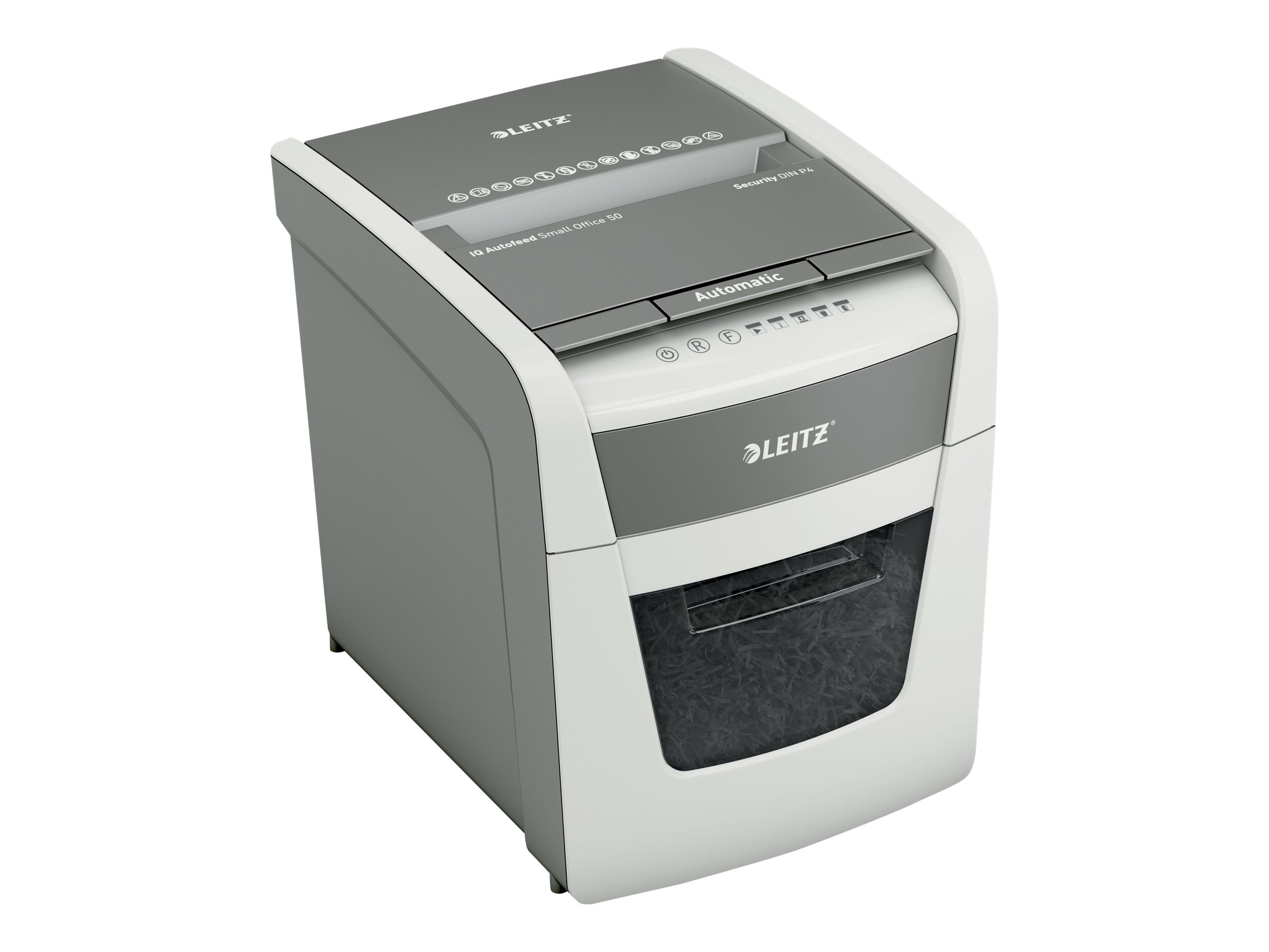 LEITZ IQ Autofeed Small Office 50 Aktenvernichter mit Partikelschnitt P-4, 4 x 28 mm, bis 50 Blatt, weiss
