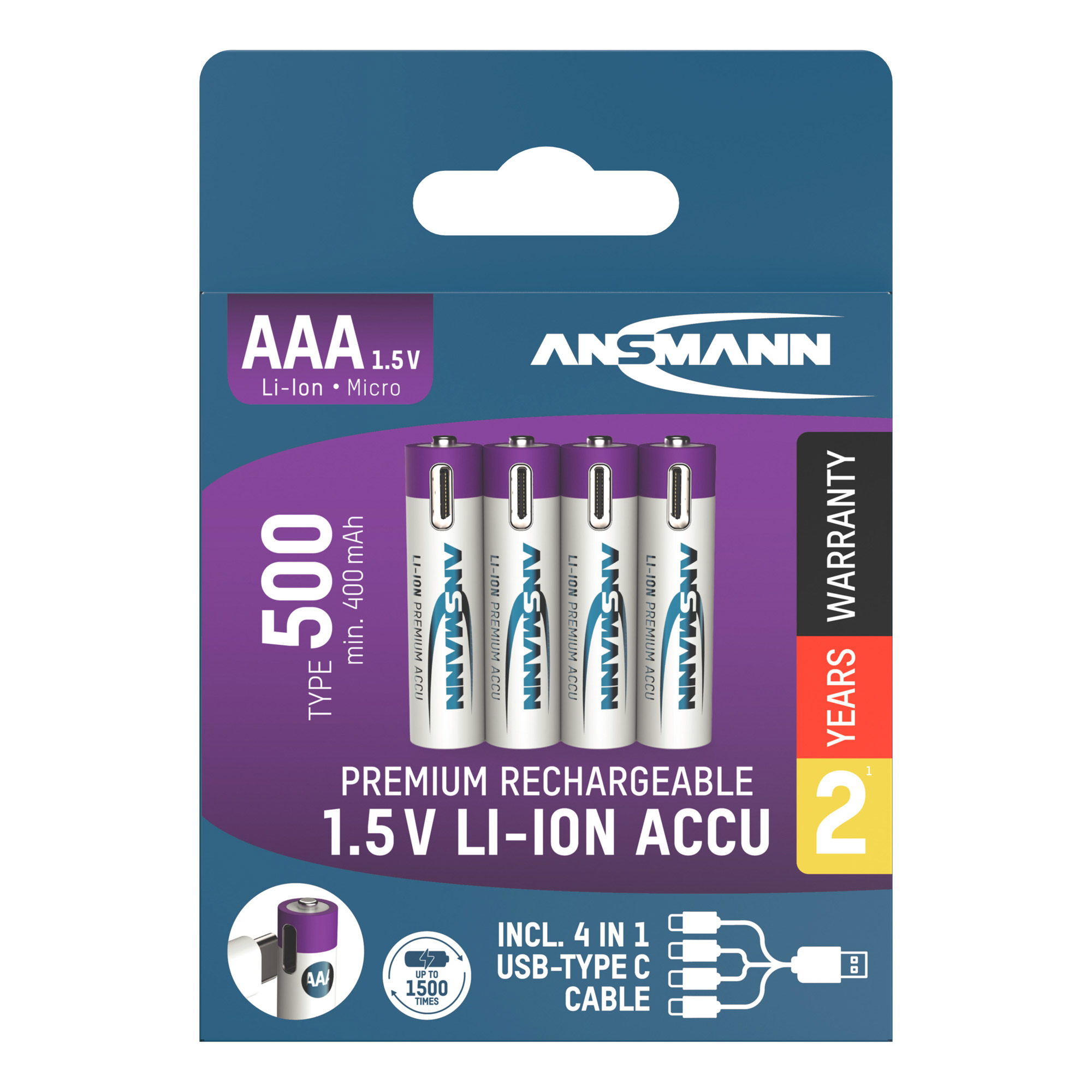 4 ANSMANN USB-Akkus mit Ladekabel 500 Micro AAA 400 mAh
