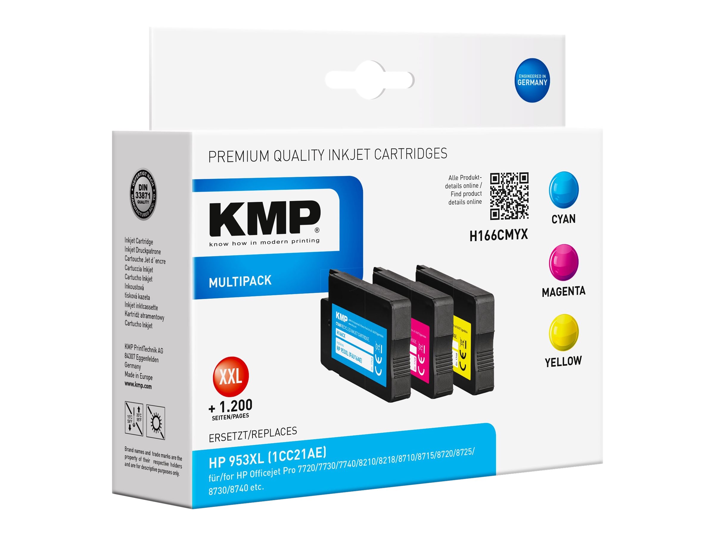 KMP H166CMYX cyan, magenta, gelb Druckerpatronen kompatibel zu HP 953XL (F6U16AE/F6U17AE/F6U18AE), 3er-Set KMP H166CMYX cyan, magenta, gelb Druckerpatronen kompatibel zu HP 953XL (F6U16AE/F6U17AE/F6U18AE), 3er-Set