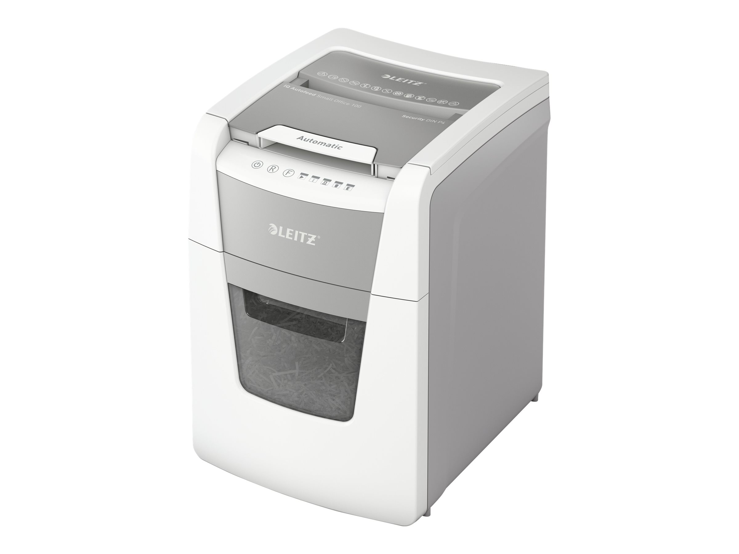 LEITZ IQ Autofeed Small Office 100 Aktenvernichter mit Partikelschnitt P-4, 4 x 28 mm, bis 100 Blatt, weiss