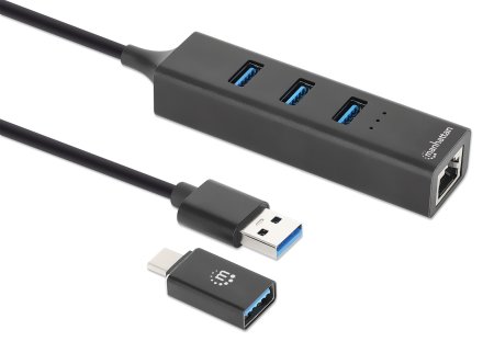 MANHATTAN 3Port USB 30 TypC TypA KomboHub mit GigabitNetzwerkadapter 5Gbits SuperSpeed USB Stromversorgung über USB schwarz