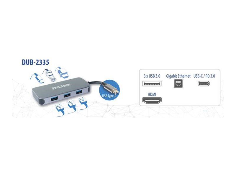 D-LINK DUB-2335 6-in-1 USB-C-Hub 3x USB-A 1x HDMI 1x USB-C mit Datasync. und Ladefunktion bis 60W 1x RJ-45