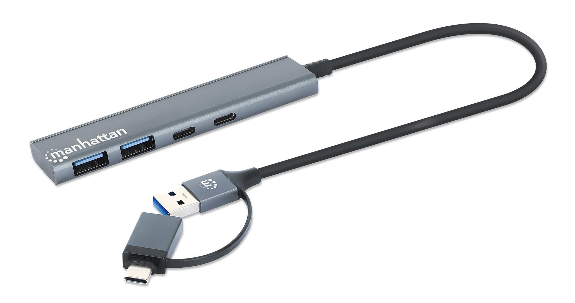 MANHATTAN 4Port USB 30 TypC TypA KomboHub USBCund USBAStecker auf zwei USBCPorts und zwei USBAPorts Strom ueber USB