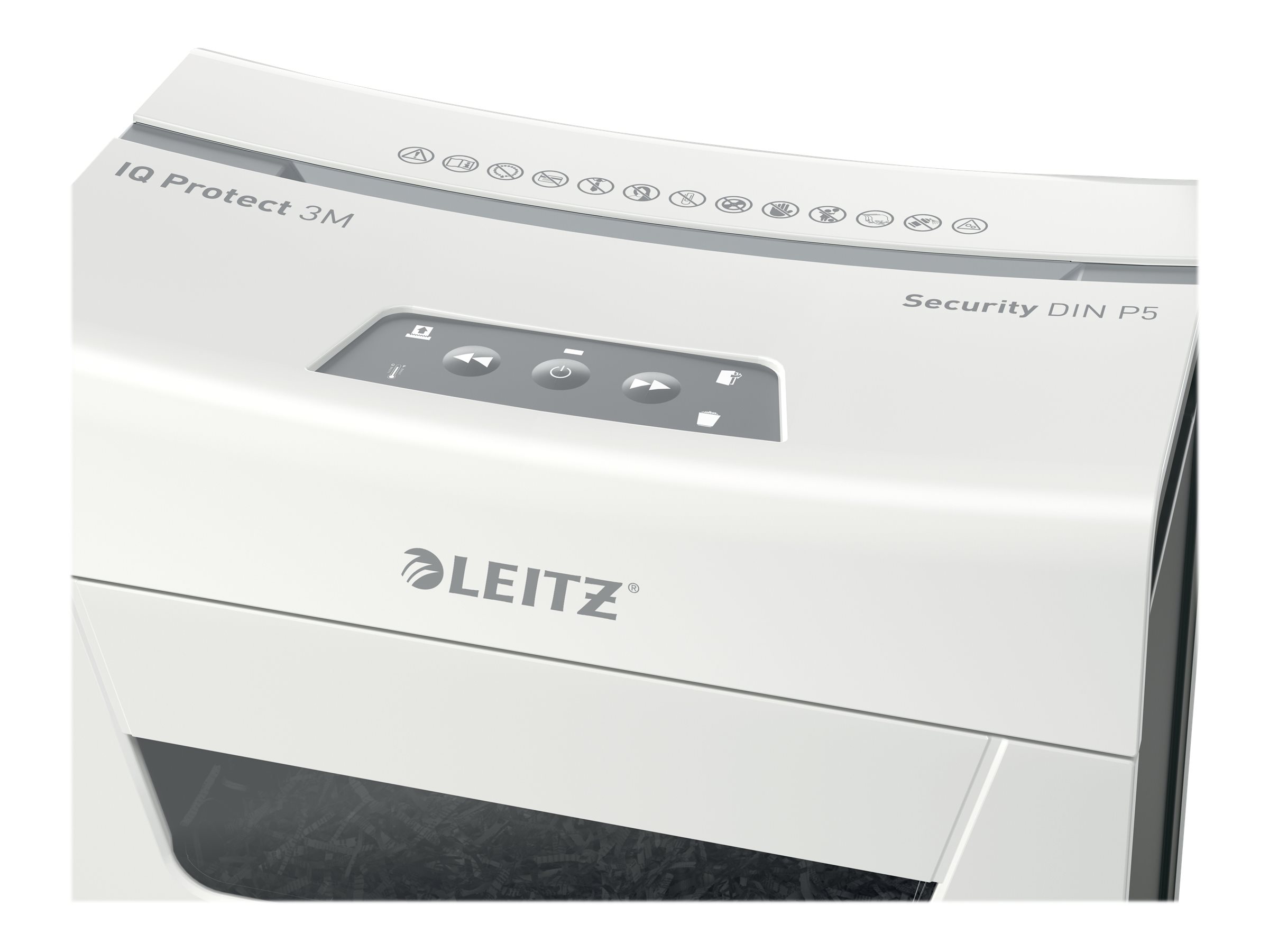 LEITZ IQ 3M Protect Premium Aktenvernichter mit Partikelschnitt P-5, 2 x 15 mm, bis 3 Blatt, weiss