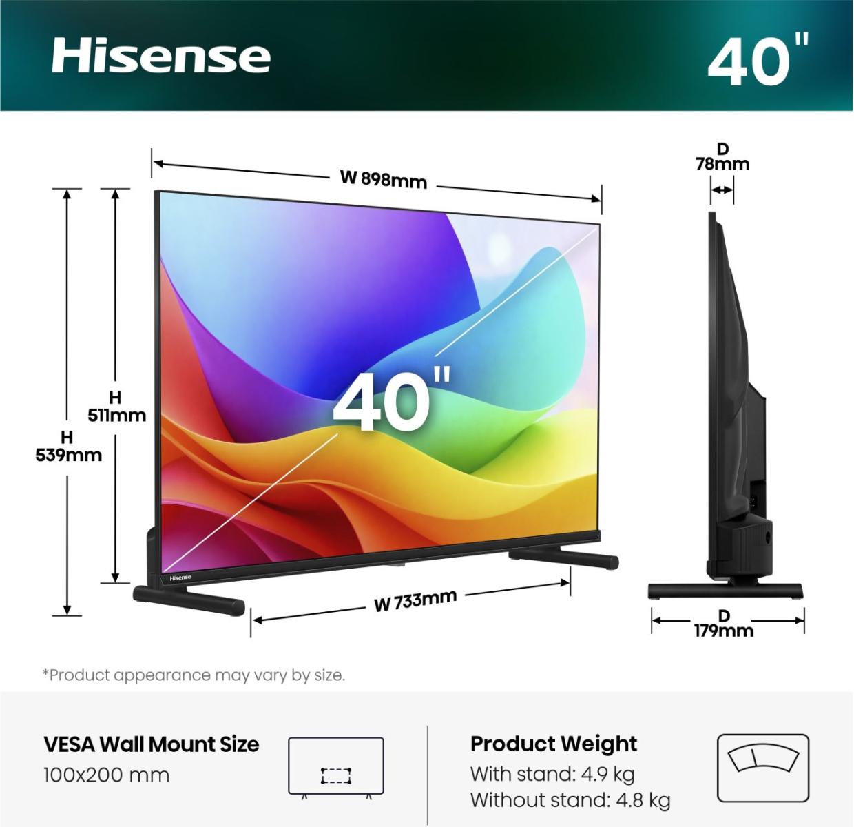 100,0cm/40" (1920x1080) Hisense 40A59S Smart TV FHD Hi-QLED 9,5ms 60Hz HDMI USB LAN HDR VESA WiFi Black