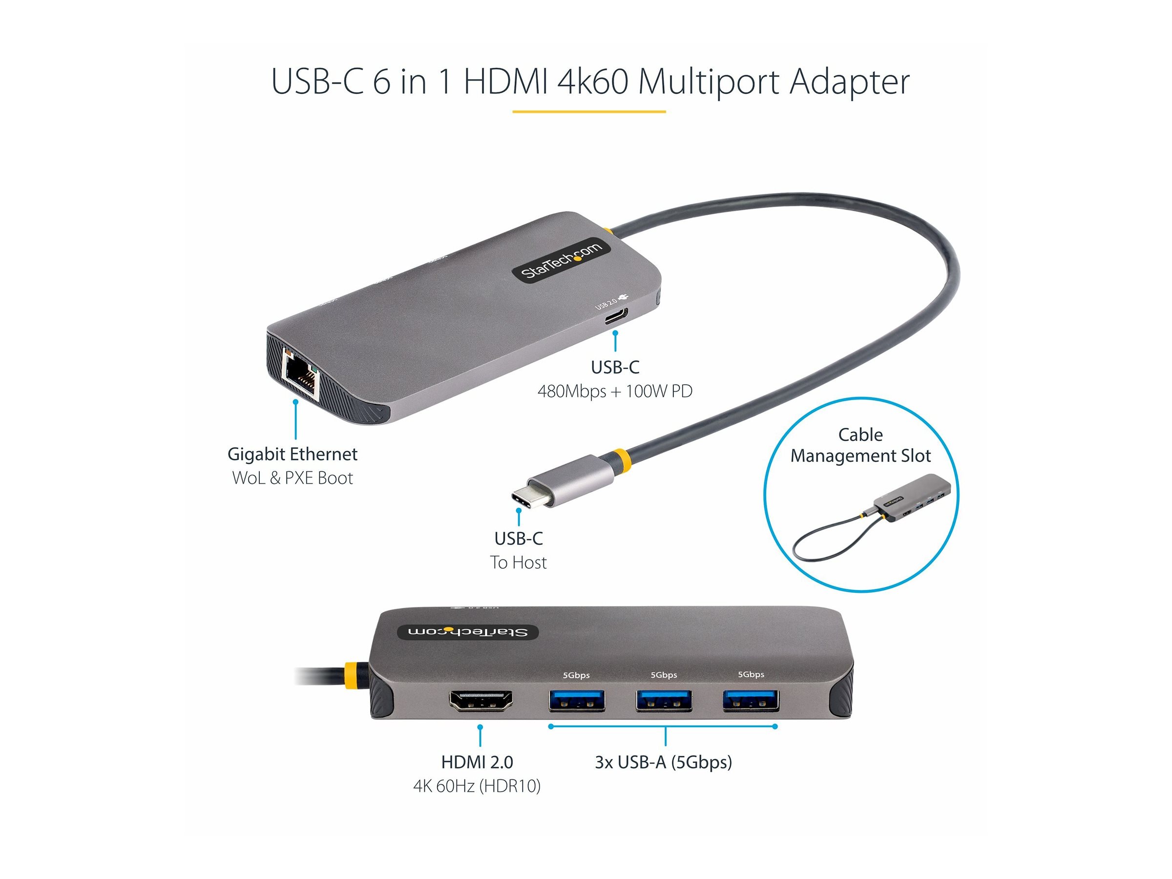 STARTECH.COM USB C Multiport Adapter 4K 60Hz HDMI HDR10 Video 3 Port 5Gbps USB-A Hub 100W PD Pass-Through GbE Mini Travel Dock