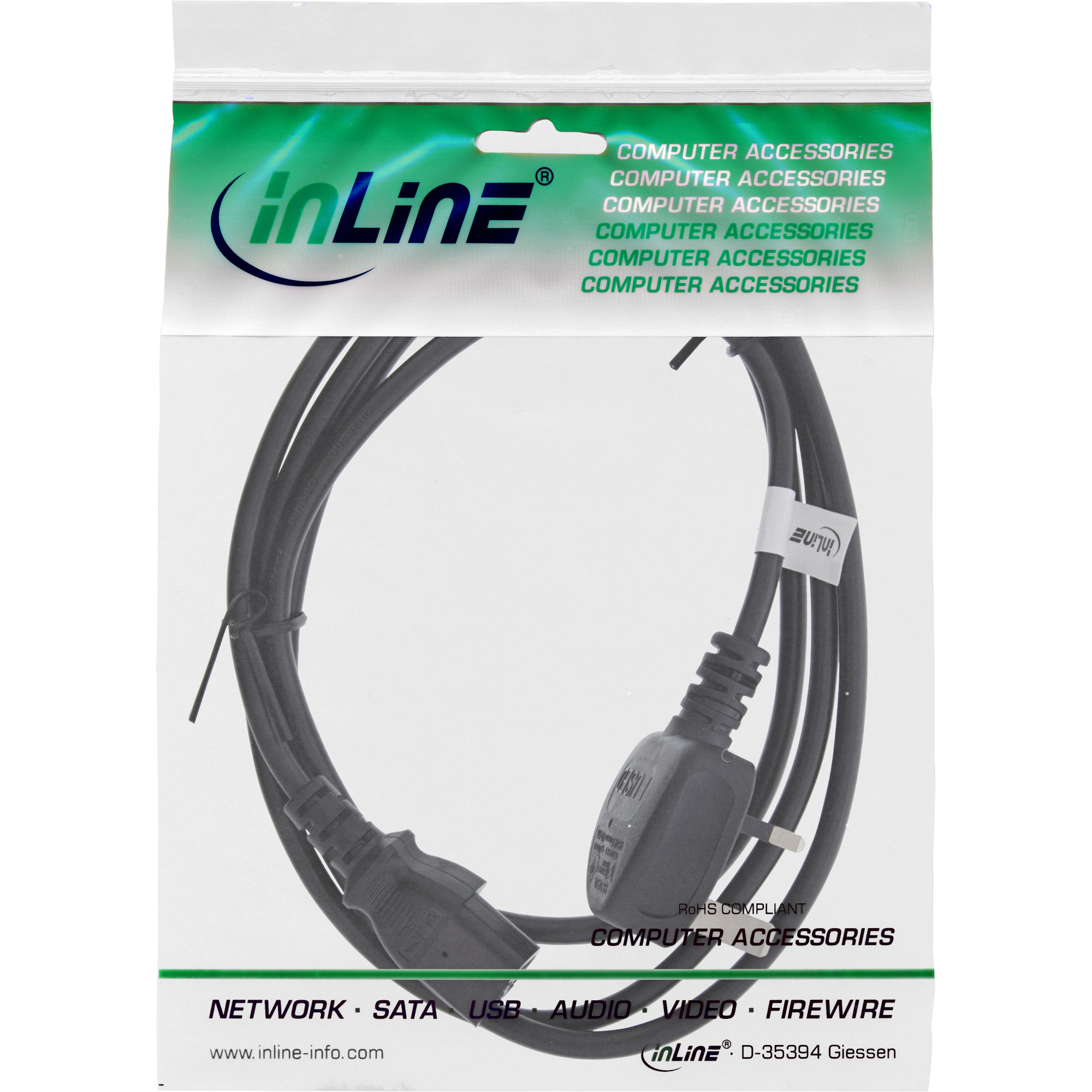 INLINE Netzkabel Netzstecker GB auf Kaltgeraetestecker C13 1,8m schwarz