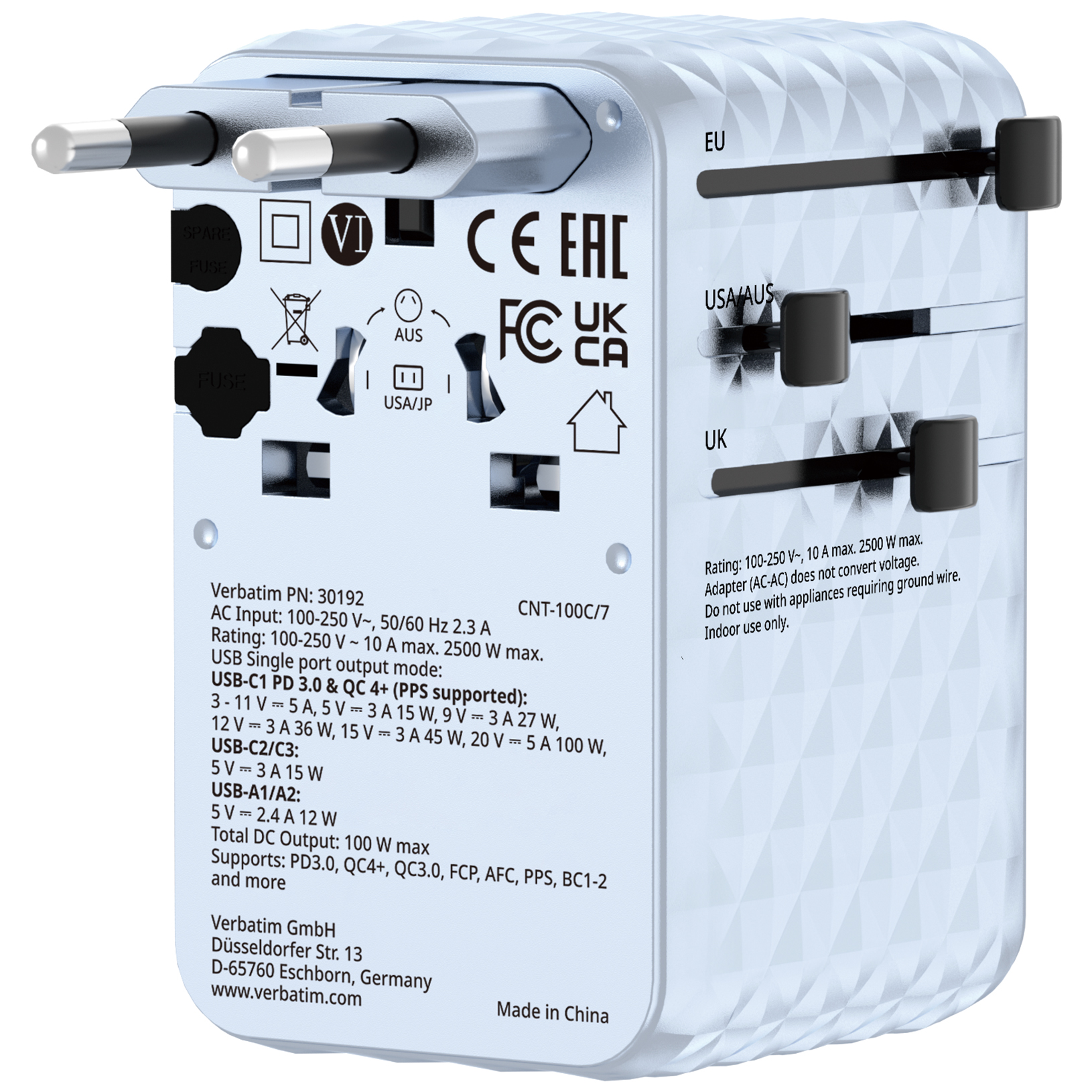 Verbatim ChargenTravel Adapter 100W retractable blue