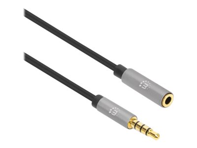 MANHATTAN Audio-Verlängerungskabel Aux 3,5mm Klinke Stecker auf Buchse 2m vergoldete Kontakte Slim Design schwarz/silber