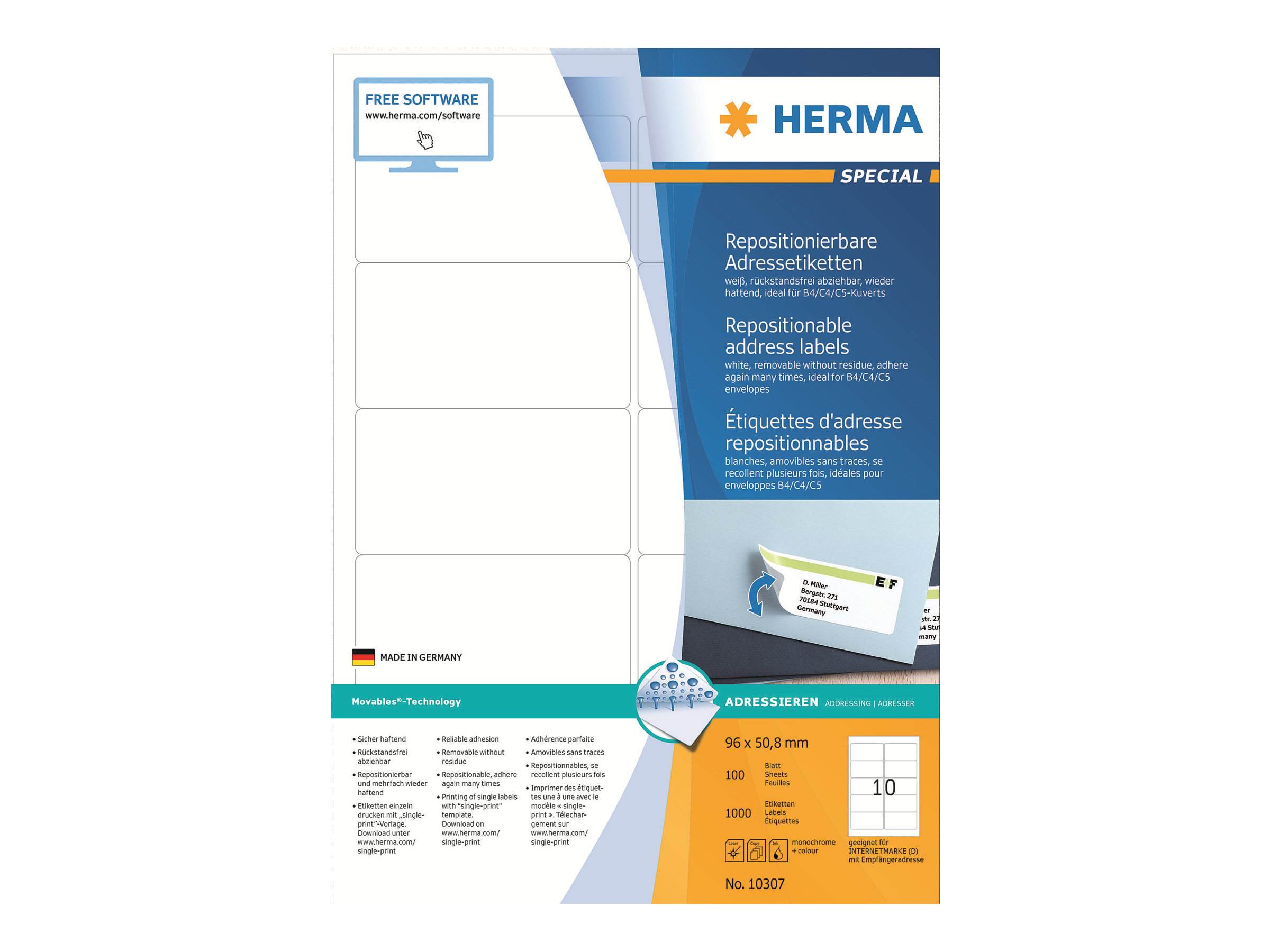 1.000 HERMA Adressetiketten 10307 weiÃ 96,0 x 50,8 mm