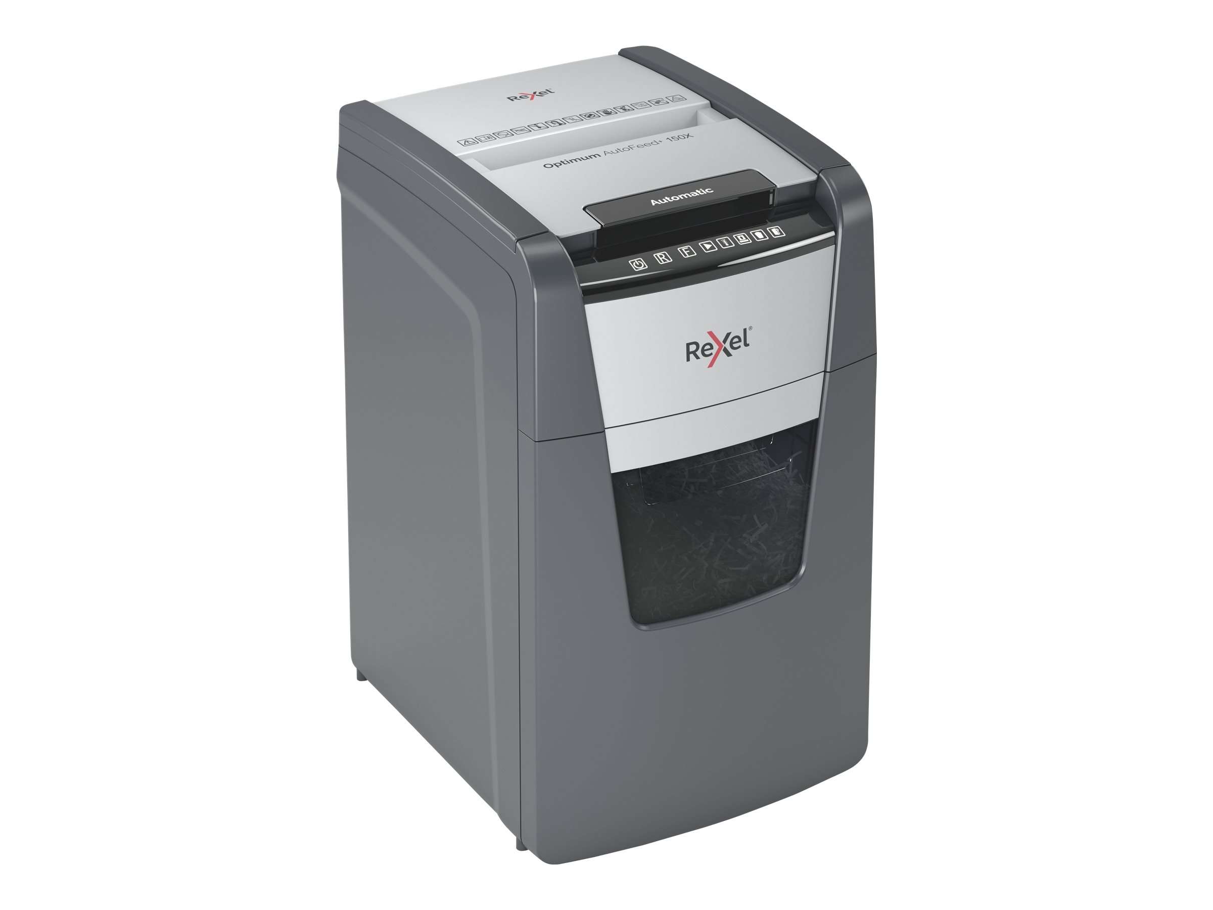 Rexel Optimum AutoFeed+150X Aktenvernichter mit Partikelschnitt P-4, 4 x 28 mm, bis 150 Blatt, schwarz Rexel Optimum AutoFeed+150X Aktenvernichter mit Partikelschnitt P-4, 4 x 28 mm, bis 150 Blatt, schwarz