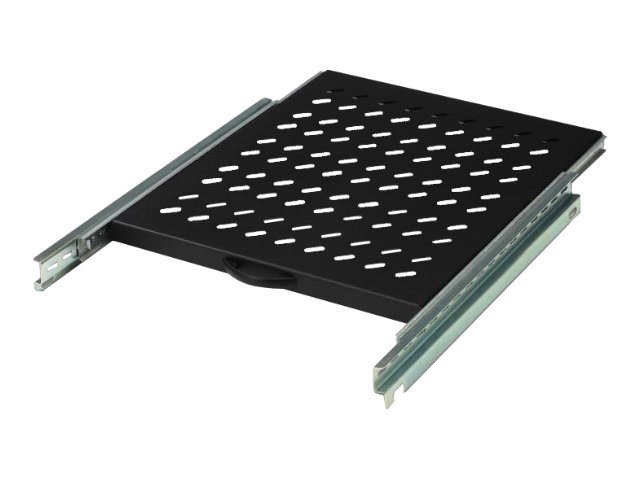DIGITUS Fachboden 48,3cm 19Zoll fuer Netzwerkschraenke 525mm tief 25KG belastbar perforiert schwarz ausziehbar