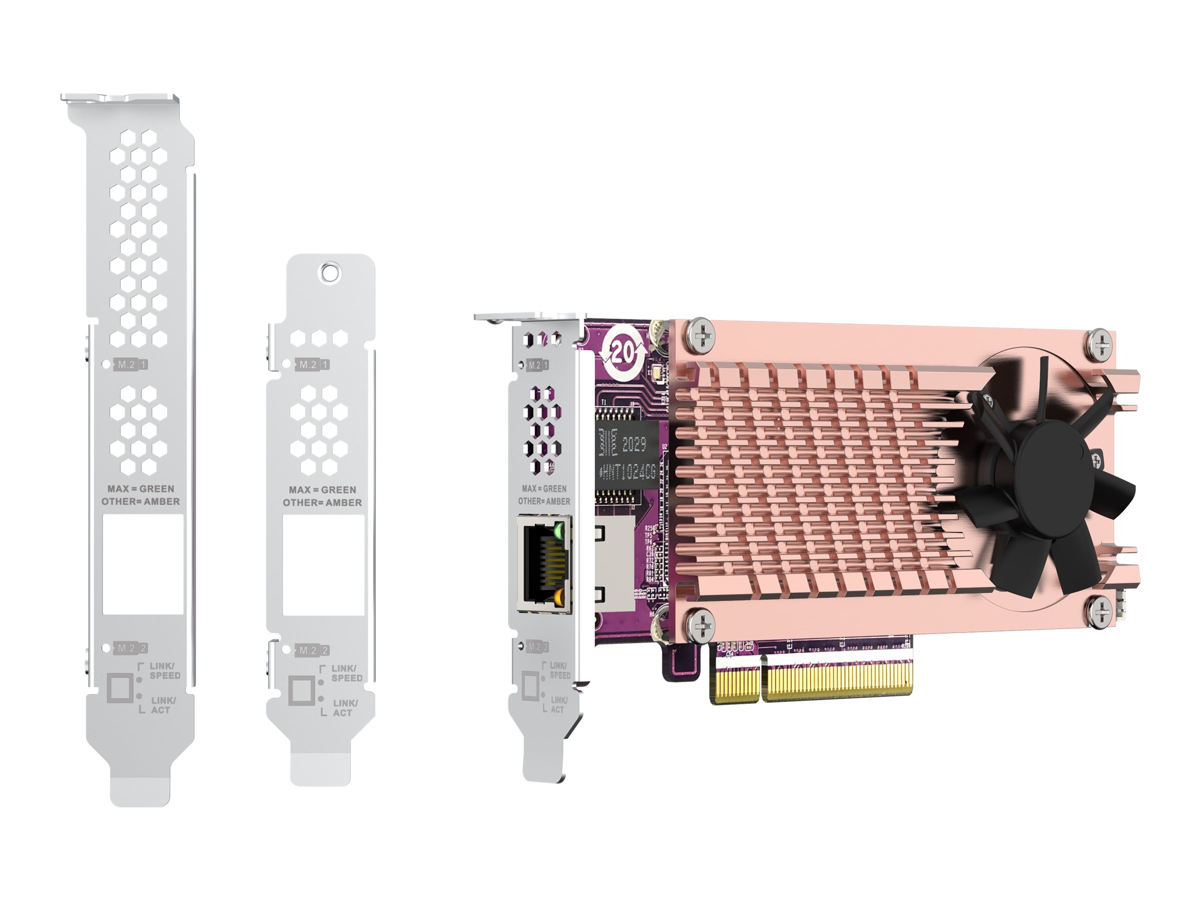 QNAP Card QM2 series 2xPCIe 2280 M.2 SSD slots PCIe Gen3x8 1xAQC113C 10GbE NBASE-T port QNAP Card QM2 series 2xPCIe 2280 M.2 SSD slots PCIe Gen3x8 1xAQC113C 10GbE NBASE-T port