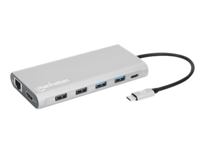 MANHATTAN USB-C PD 12-in-1-Dockingstation mit MST für drei HDMI-Monitore 4xUSB-A Ports RJ45 SD/MicroSD USB-C Power Delivery 100 W
