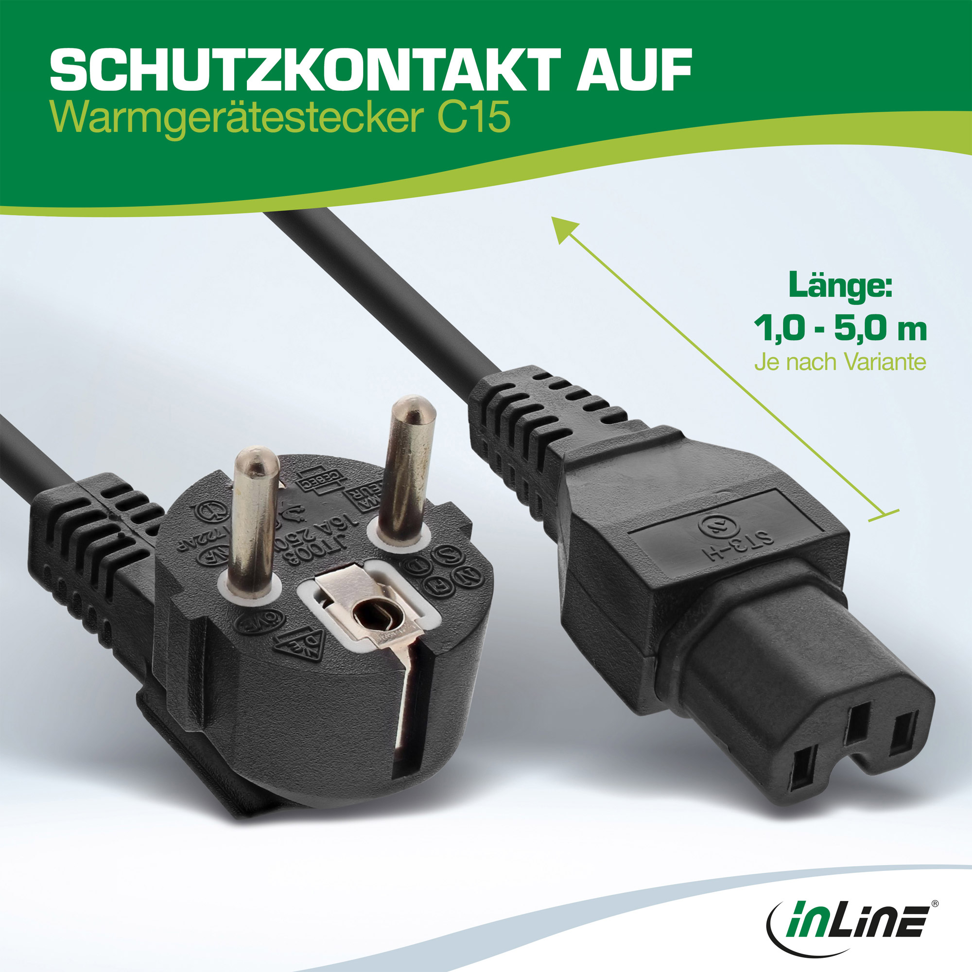 INLINE Netzkabel Schutzkontakt gewinkelt auf Warmgeraetestecker C15 gerade schwarz 18m
