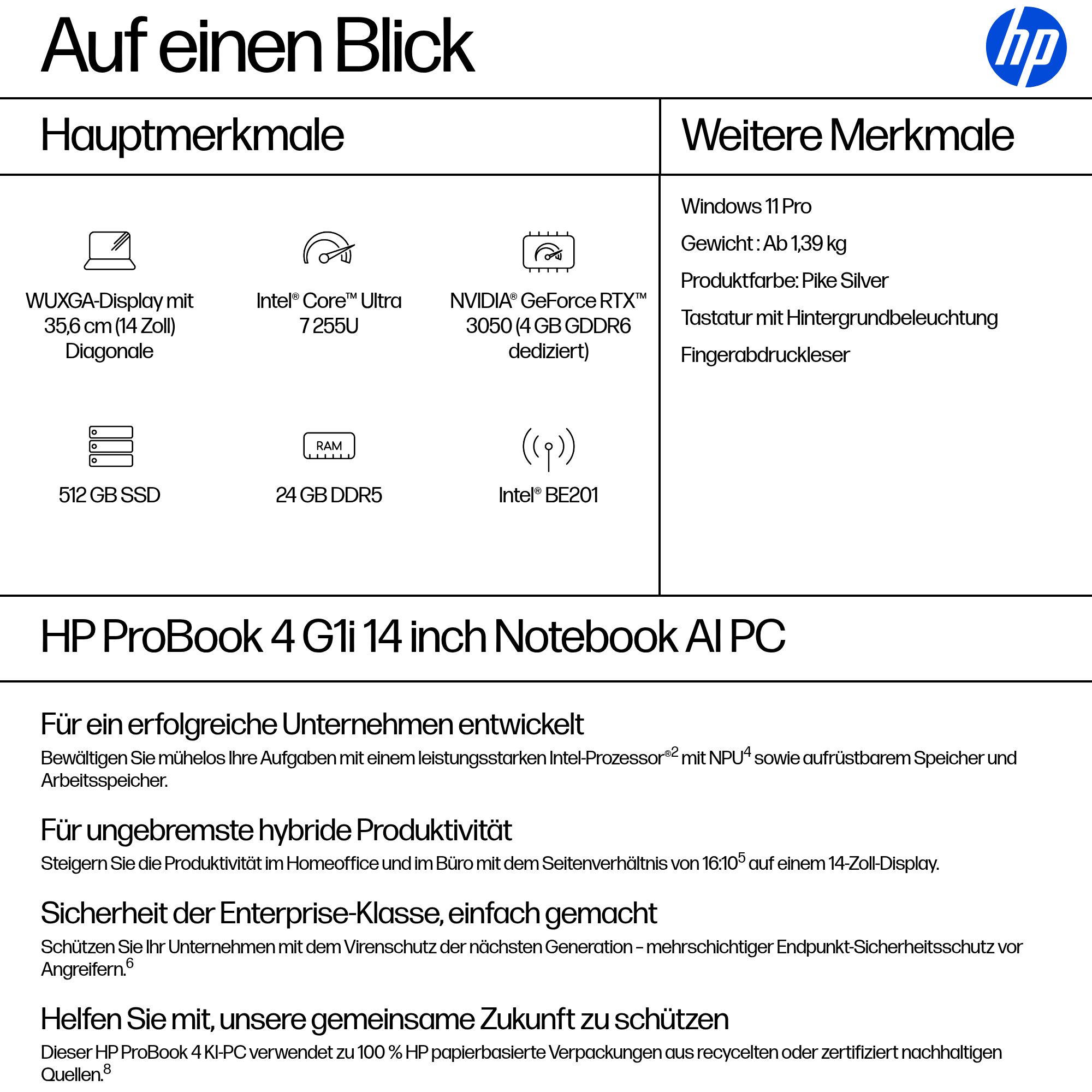HP ProBook 4 G1i 14 Zoll Intel Core Ultra 7 255U 24 GB RAM 512 GB SSD