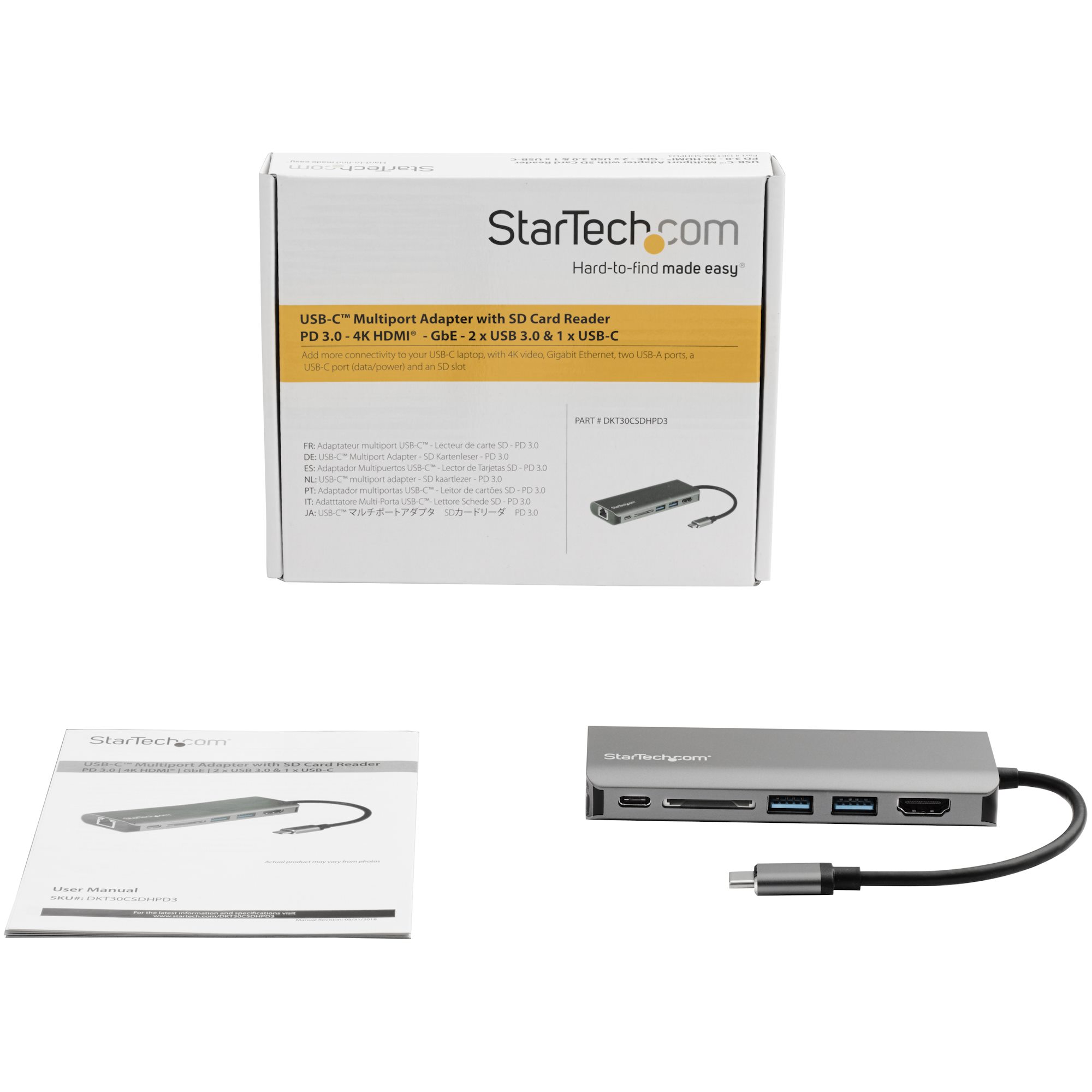STARTECHCOM USB C Multiport Adapter with HDMI 4K Mac Windows SD 2x USBA 1x USBC 60W PD 30 USB C to USB 30 Hub