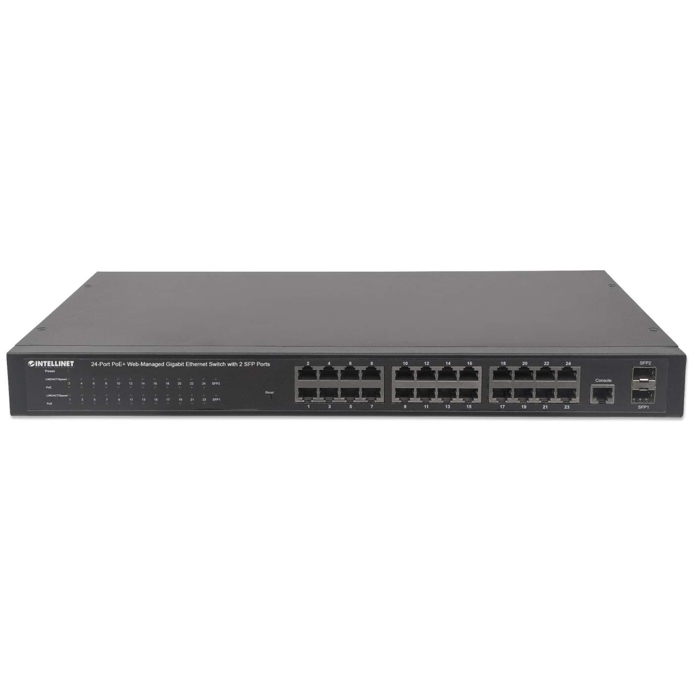 INTELLINET 24Port PoE Gigabit Switch WebManaged 2 GBIC SFP Ports Ausgangsleistung bis zu 30 Watt pro Port PoE IEEE 8023ataf