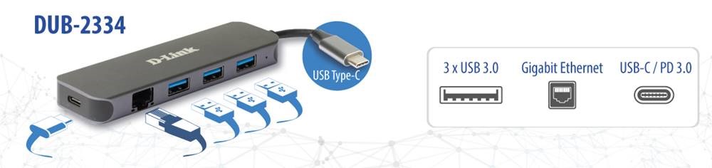 DLINK DUB2334 5in1 USBC Hub mit GigabitEthernetStromversorgung 3x USBA 30 1x USBC mit Ladefunktion bis 60W 1x RJ45