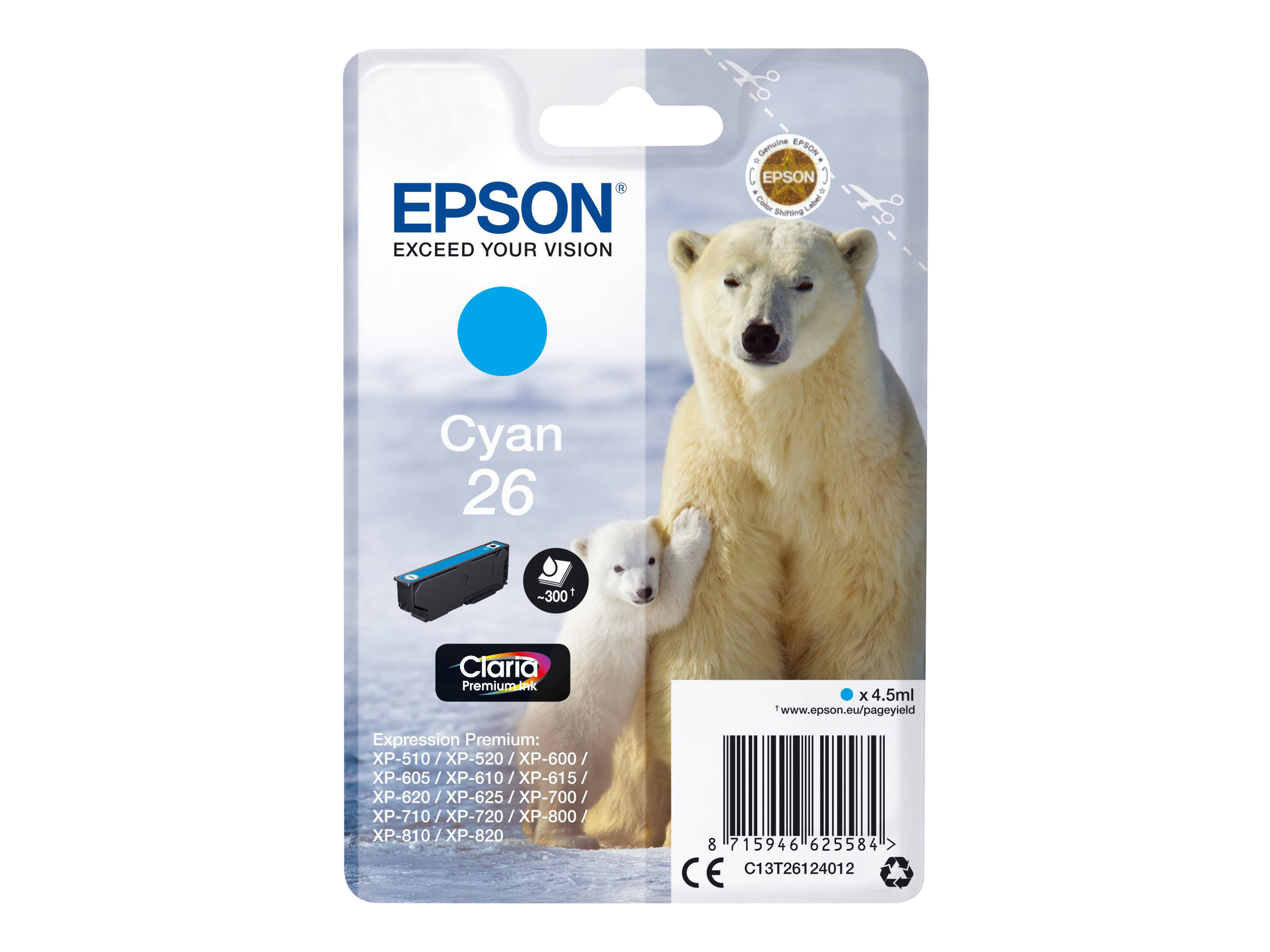 EPSON 1LB 26 ink cartridge cyan standard capacity 4.5ml 300 pages 1-pack blister without alarm EPSON 1LB 26 ink cartridge cyan standard capacity 4.5ml 300 pages 1-pack blister without alarm