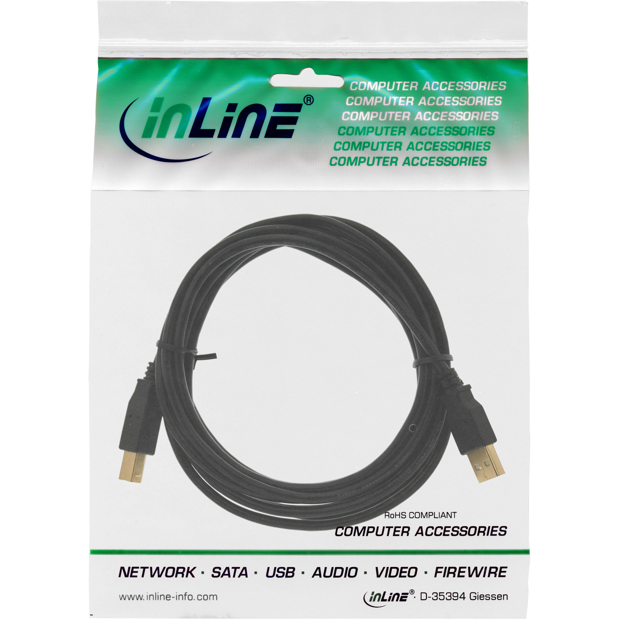 INLINE USB 2.0 Kabel A an B 0,3m vergoldete Kontakte schwarz (P)