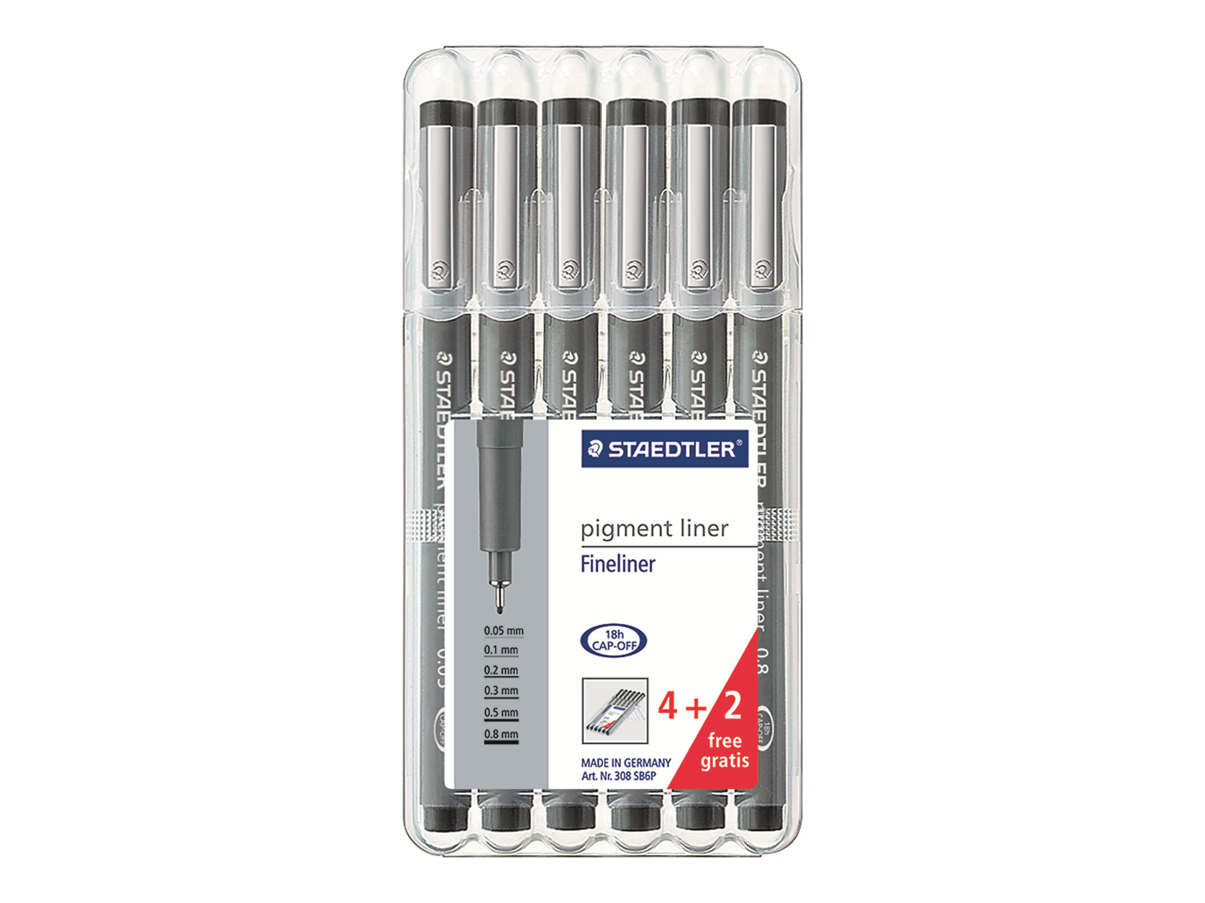 STAEDTLER pigment liner 308 Fineliner schwarz 0,05 0,1 0,3 0,5 0,8 mm, 6 St