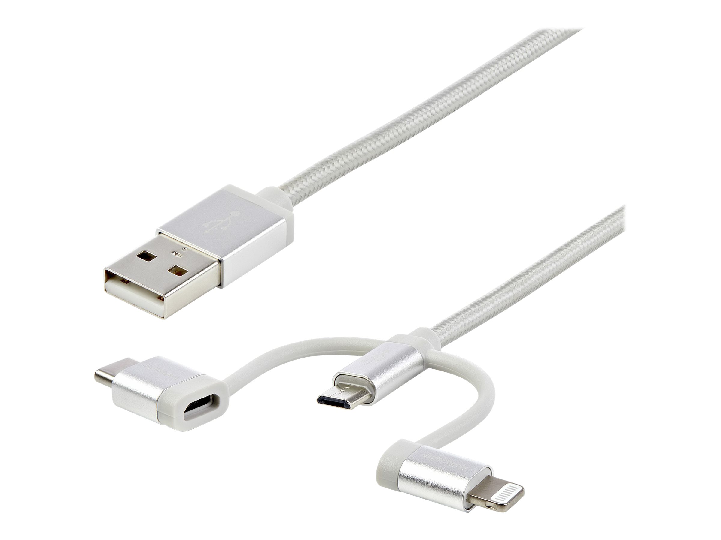 STARTECHCOM USB Lightning Kabel USBC MicroB Laddekabel 1m geflochten Silber USB auf Lightning Kabel USB zu USB C
