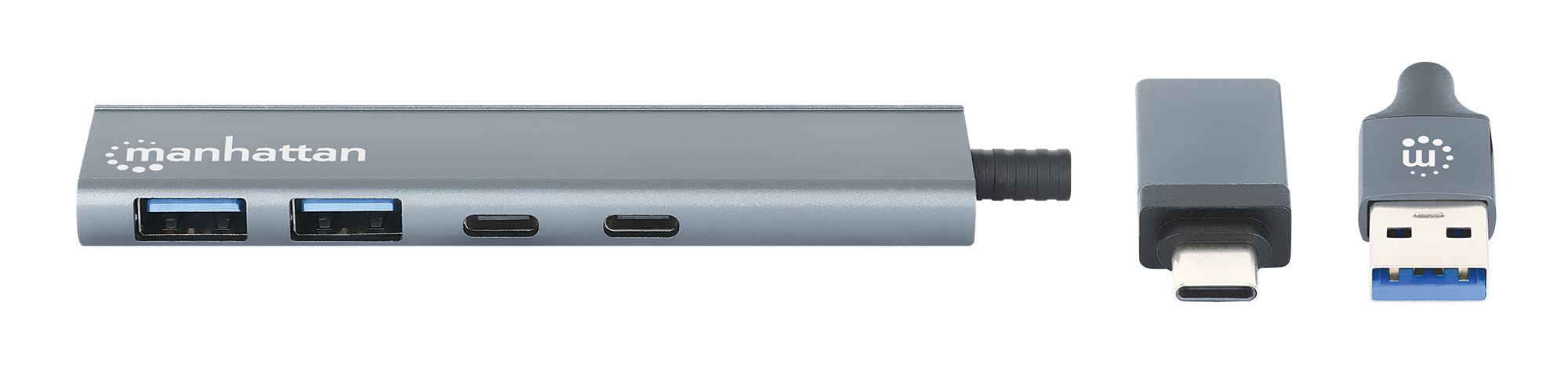 MANHATTAN 4Port USB 30 TypC TypA KomboHub USBCund USBAStecker auf zwei USBCPorts und zwei USBAPorts Strom ueber USB