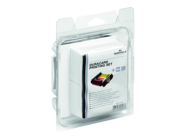 DURABLE YMCKO-Farbband und 100 Plastikkarten (0,76 mm) mehrfarbig Farbband-Set