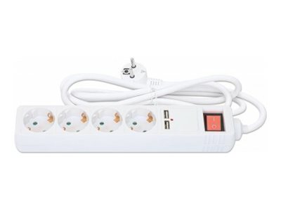 MANHATTAN 4-fach Steckdosenleiste mit 2 USB-Ladeports USB-A-Ports mit insgesamt 2,1 A Ausgangsleistung 2m Stromkabel 16 A weiss