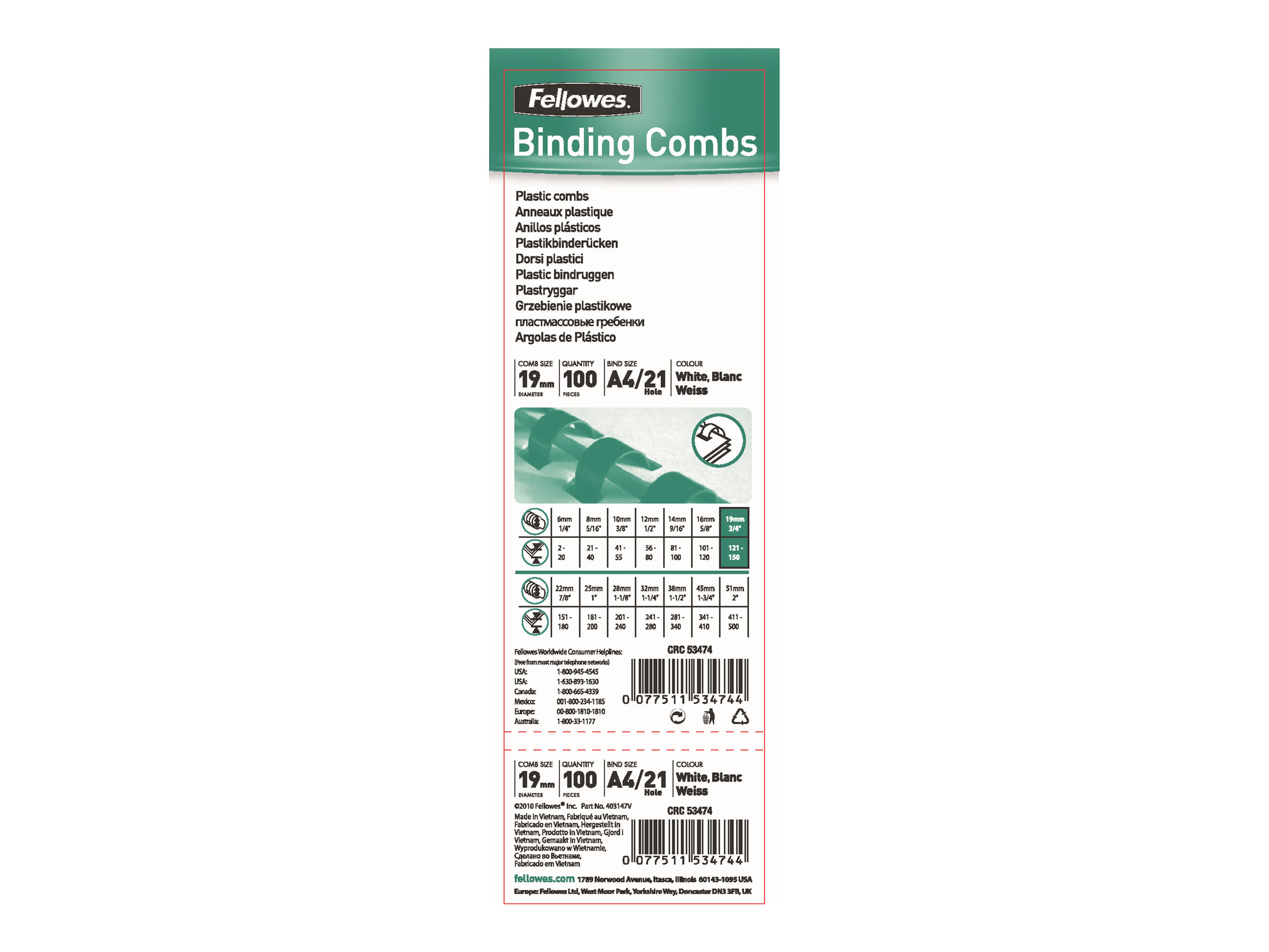 100 Fellowes Kunststoffbinderuecken weiss fuer 150 Blatt