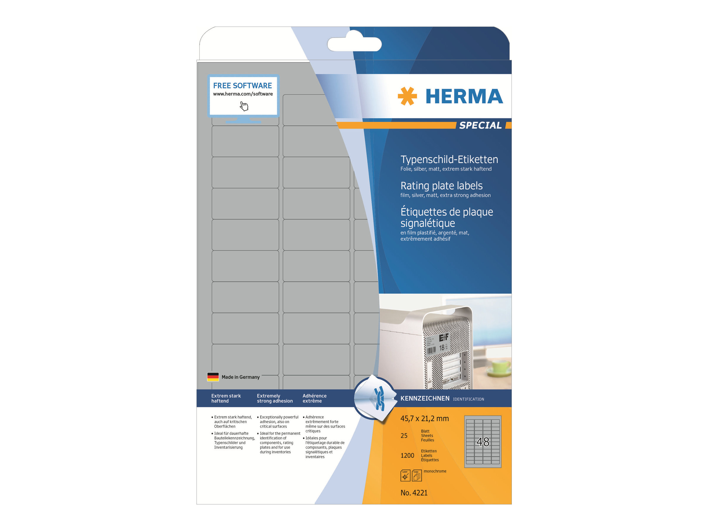 1.200 HERMA Typenschildetiketten 4221 silber 45,7 x 21,2 mm