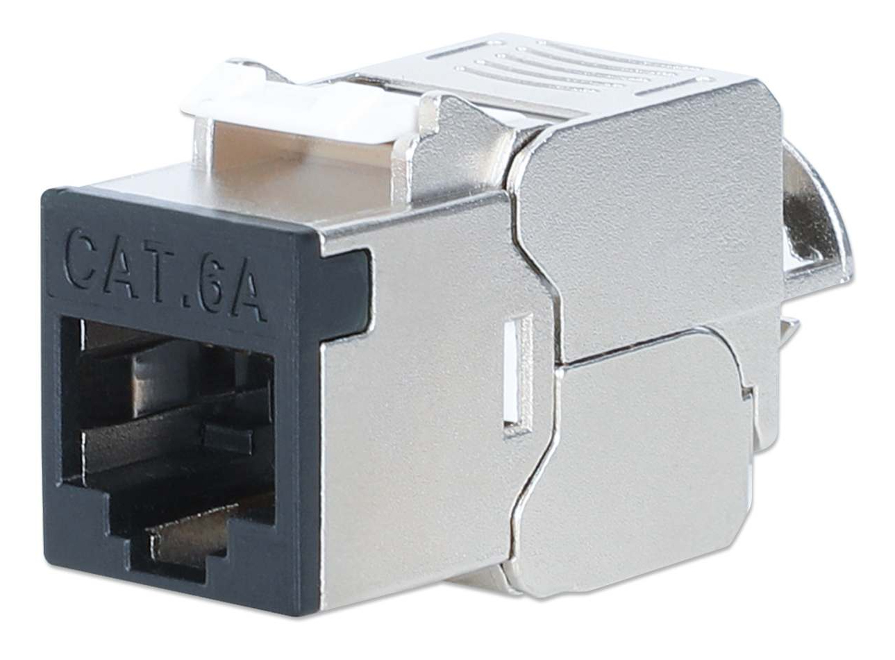 INTELLINET Cat6a 10G Slimline KeystoneModul STP werkzeuglos mit Rastclip fuer Massivdraht vergoldete Kontakte Metallgehaeuse schwarz