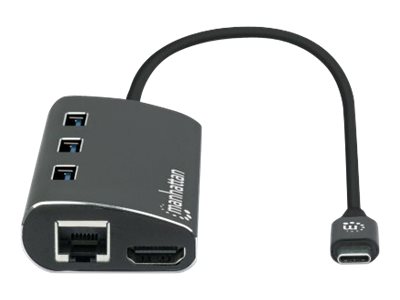 MANHATTAN USB 3.2 Gen 1 USB-C Multiport-Adapter USB-C auf HDMI 3x USB-A auf der Oberseite USB-C PD- RJ45-Port SD/MicroSD Card Reader