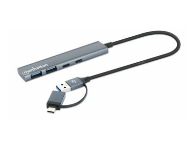 MANHATTAN 4Port USB 30 TypC TypA KomboHub USBCund USBAStecker auf zwei USBCPorts und zwei USBAPorts Strom ueber USB