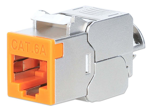 INTELLINET Cat6a 10G Slimline KeystoneModul STP werkzeuglos mit Rastclip für Massivdraht vergoldete Kontakte Metallgehäuse orange