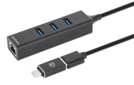 MANHATTAN 3Port USB 30 TypC TypA KomboHub mit GigabitNetzwerkadapter 5Gbits SuperSpeed USB Stromversorgung über USB schwarz